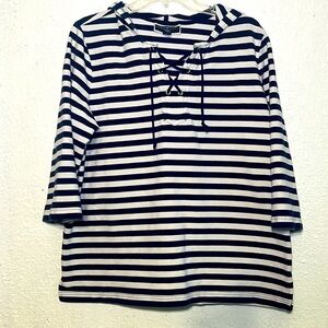 Karen Scott blue and white striped hooded sweatshirt with top ties size 1X